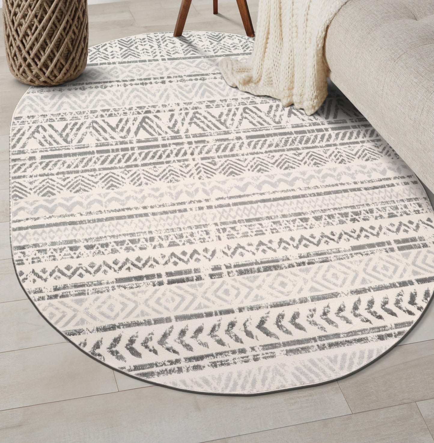 Rugshop Geometric Boho Oval Rug – Gray Tribal Pattern, Perfect for Dining Room, Living Room, 5' x 7' Oval