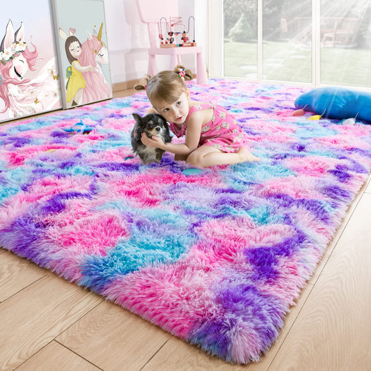 5x7 Large Tie-Dyed Pink Purple Blue Area Rug for Kids Living Room Bedroom, Fluffy Shag Soft Plush Furry Carpet, Non-Slip Indoor Floor Mat for Dining Room Home Decor