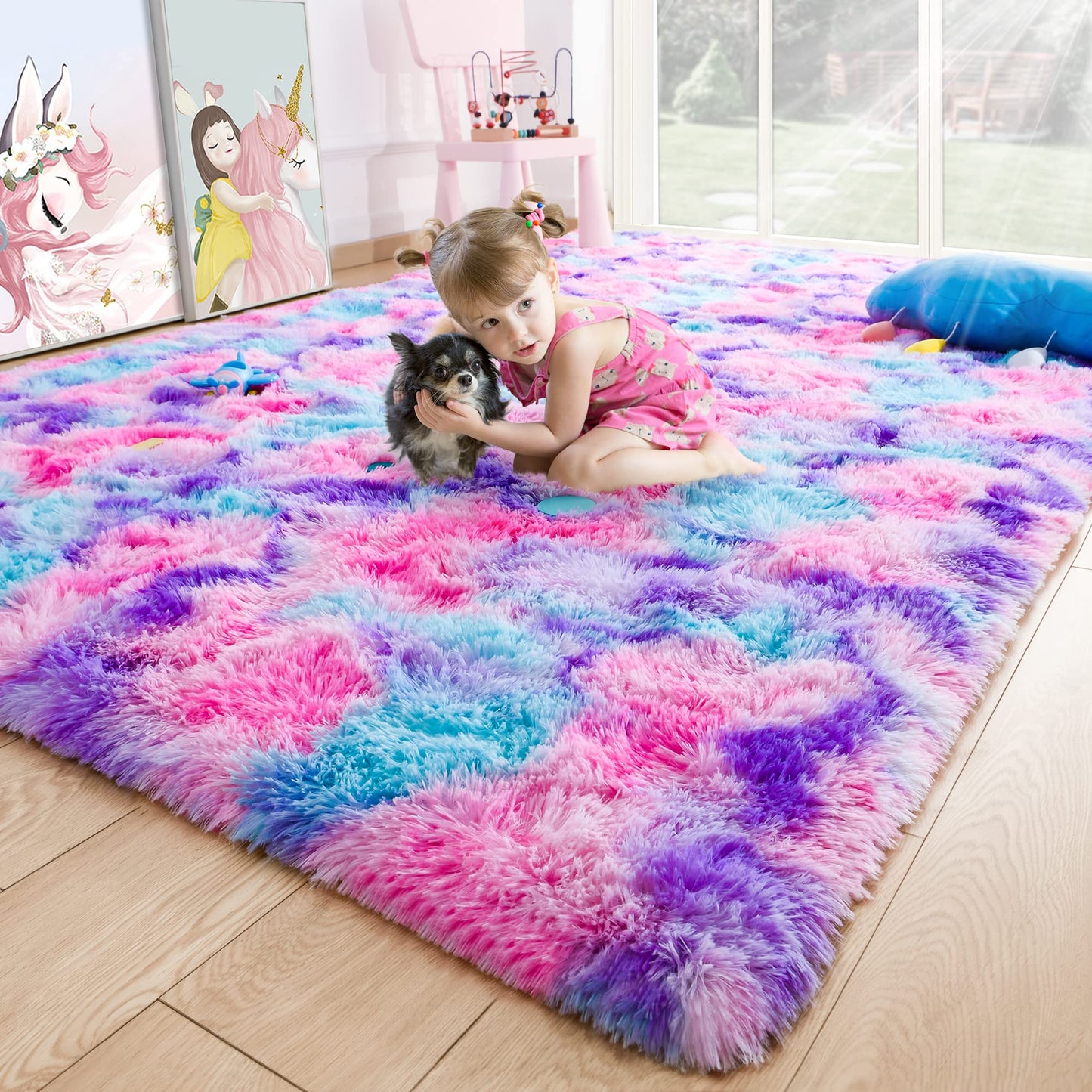 3x5 Tie-Dyed Pink Purple Blue Area Rug for Kids Entryway Kitchen, Fluffy Shag Soft Plush Furry Carpet, Non-Slip Indoor Floor Mat for Bathroom Living Room Bedroom Home Decor