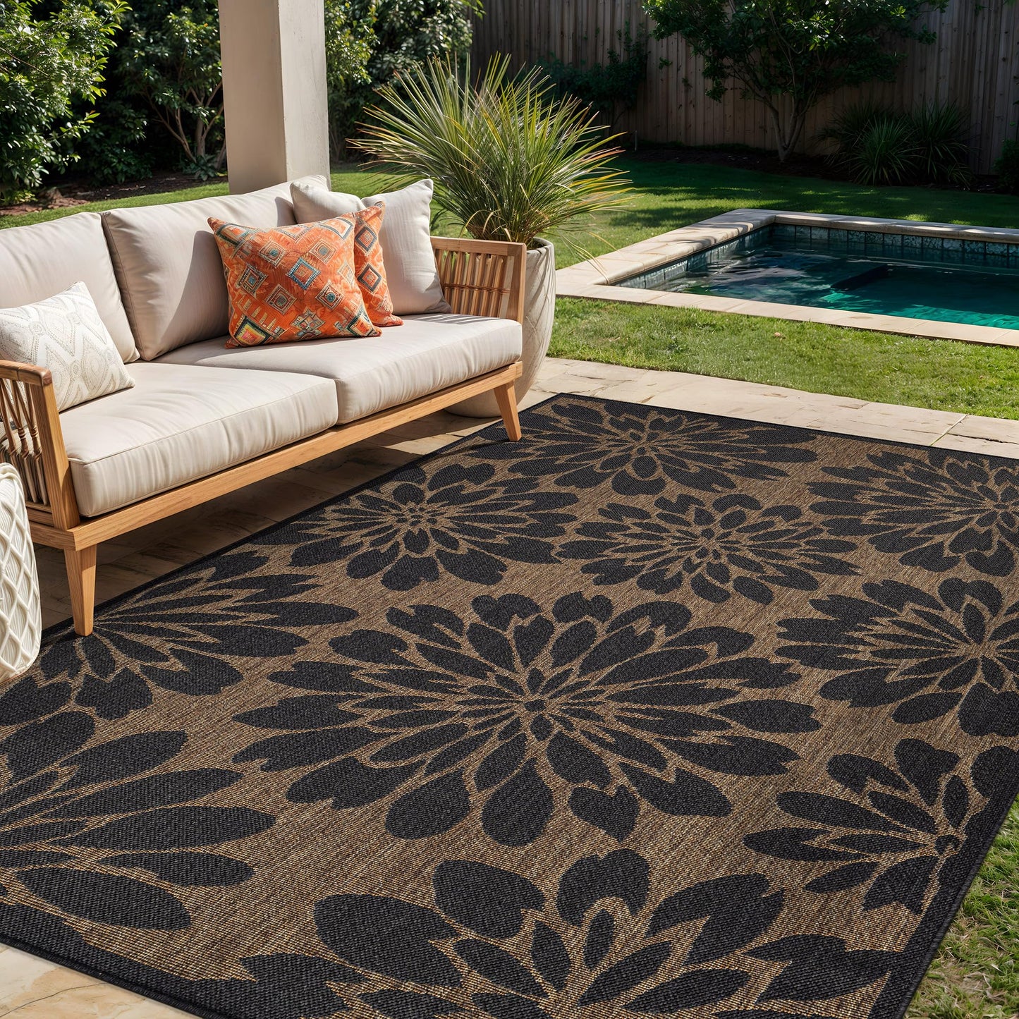Rugshop Floral Indoor Outdoor Flat Woven Area Rug,Natural Jute-Style,Easy-Care Patio Rug for Backyard Porch Deck Balcony, 5' x 7' Dark Gray/Natural