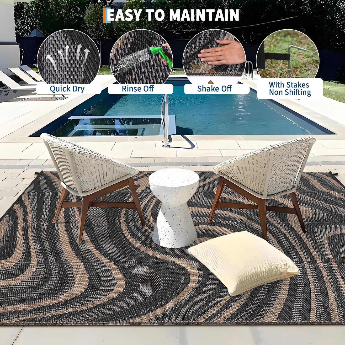 MilleLoom Patio Modern Abstarct Outdoor Rug 10x14 Waterproof Large Reversible Camping Mat Foldable Lightweight Plastic Straw Outdoor Rug for Deck, Camper, Balcony, Beach, Rv，Black/Gray/Brown