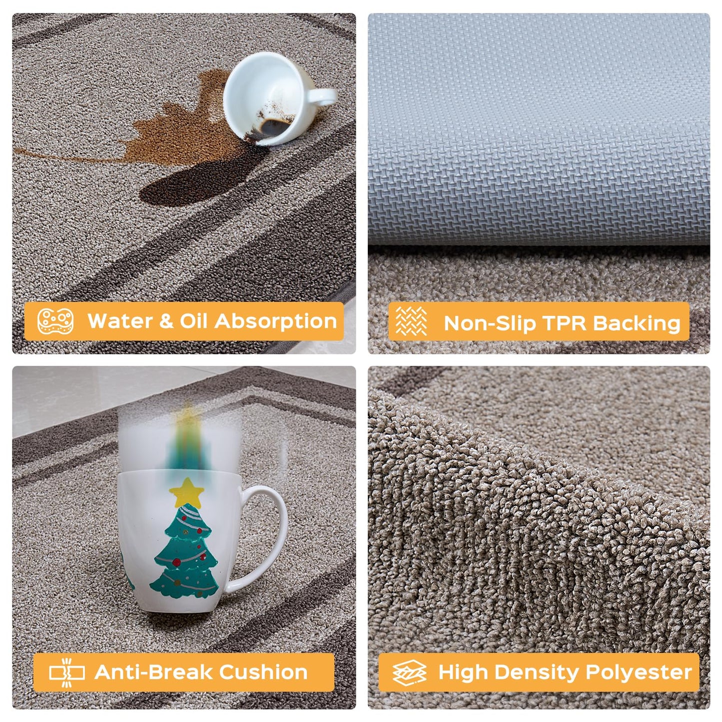 Kitchen Rugs 24" x 70", Non-Slip Machine Washable Kitchen Runner Rugs Floor Mats, Absorbent Comfort Standing Mats for Kitchen, Sink, Laundry and Hallway, Rolled Packaging, Beige & Grayish Brown