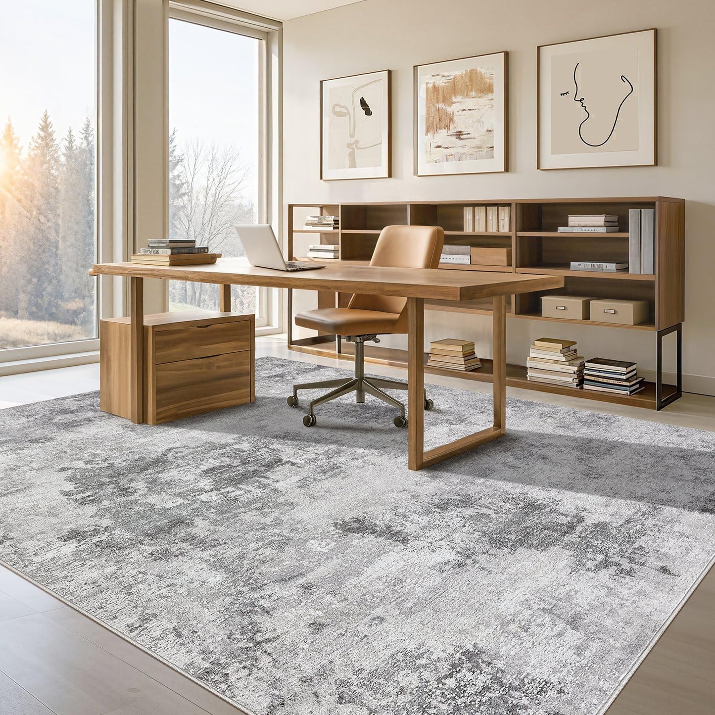 Tortania Washable 10x14 Area Rug for Living Room: Modern Abstract Neutral Large Soft Thin Rugs - Non Slip Indoor Carpet for Bedroom Dining Room Office Nursery Home Floor Decoration - Smoky Gray