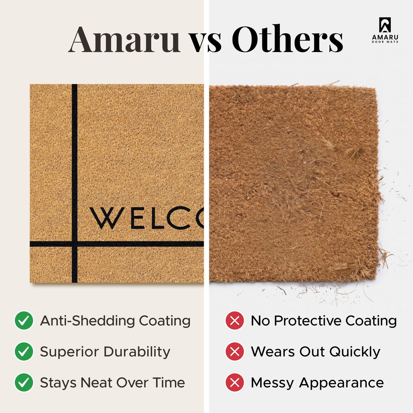 AMARU DOOR MATS - Natural Coir Door Mat, Minimal Shedding, Heavy Duty Non-Slip Welcome Mat for Front Door, Outside Entrance, Porch & Entryway (17x29, Welcome 7)