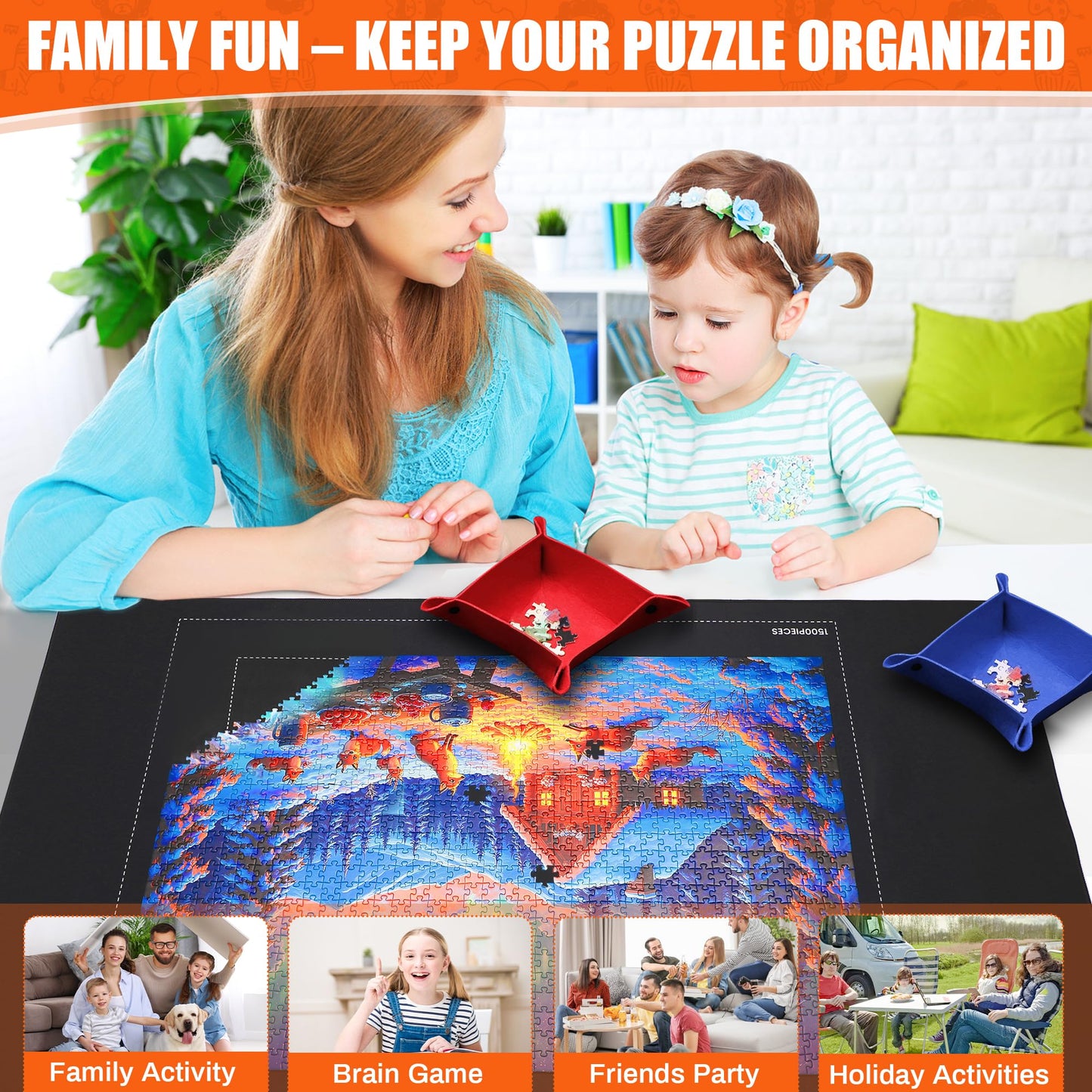 Bofoho Jigsaw Puzzle Mat Roll Up 46" x 26" for 1000 1500 Pieces, Portable Saver Pad with Non-Slip Rubber Bottom & Smooth Top, 6 Sorting Trays, Storage Bag, 50 Puzzle Saver Sheets & Scraper Tool