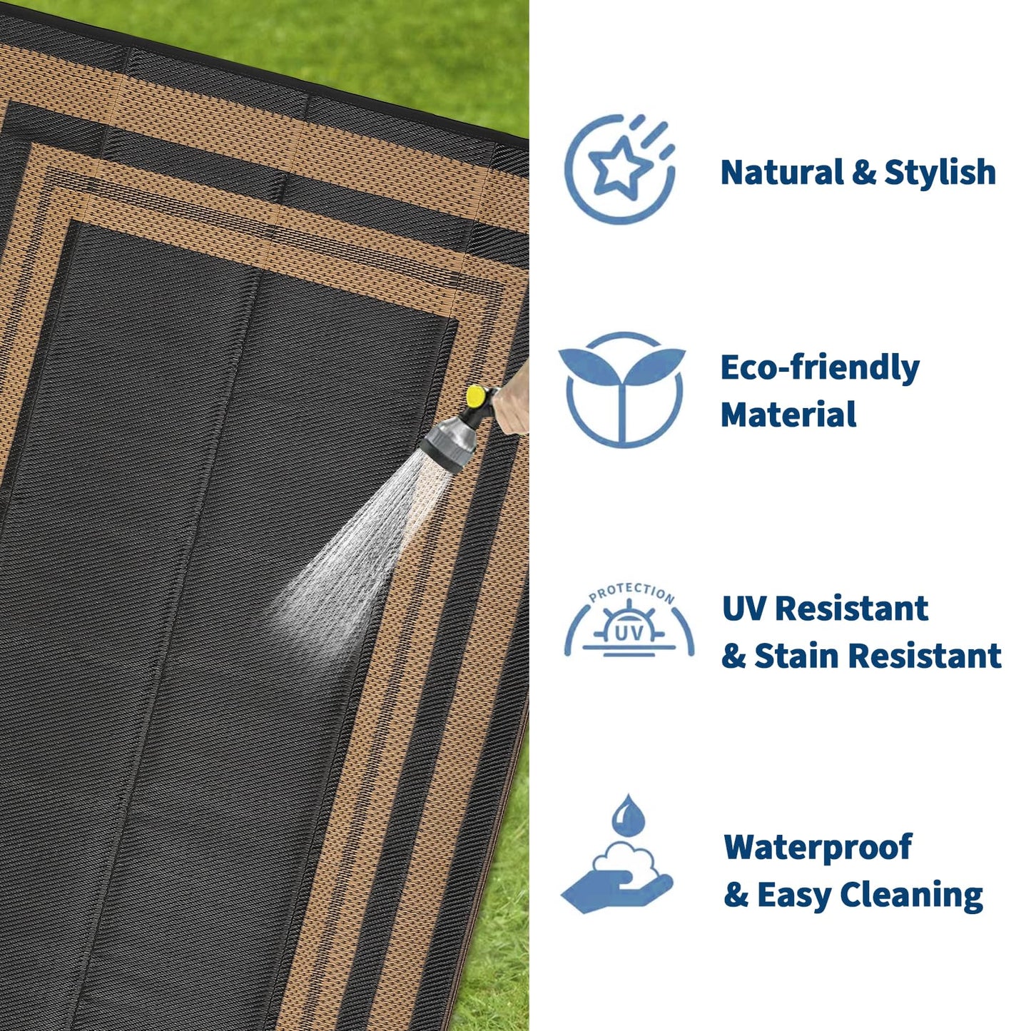 GAOMON 9x18 Plastic Straw Rug Outdoor Rugs for Patio Waterproof Reversible Mat Modern Bordered Camping Rug for Porch RV Backyard Pool Deck Picnic Beach Trailer Border-Black/Brown