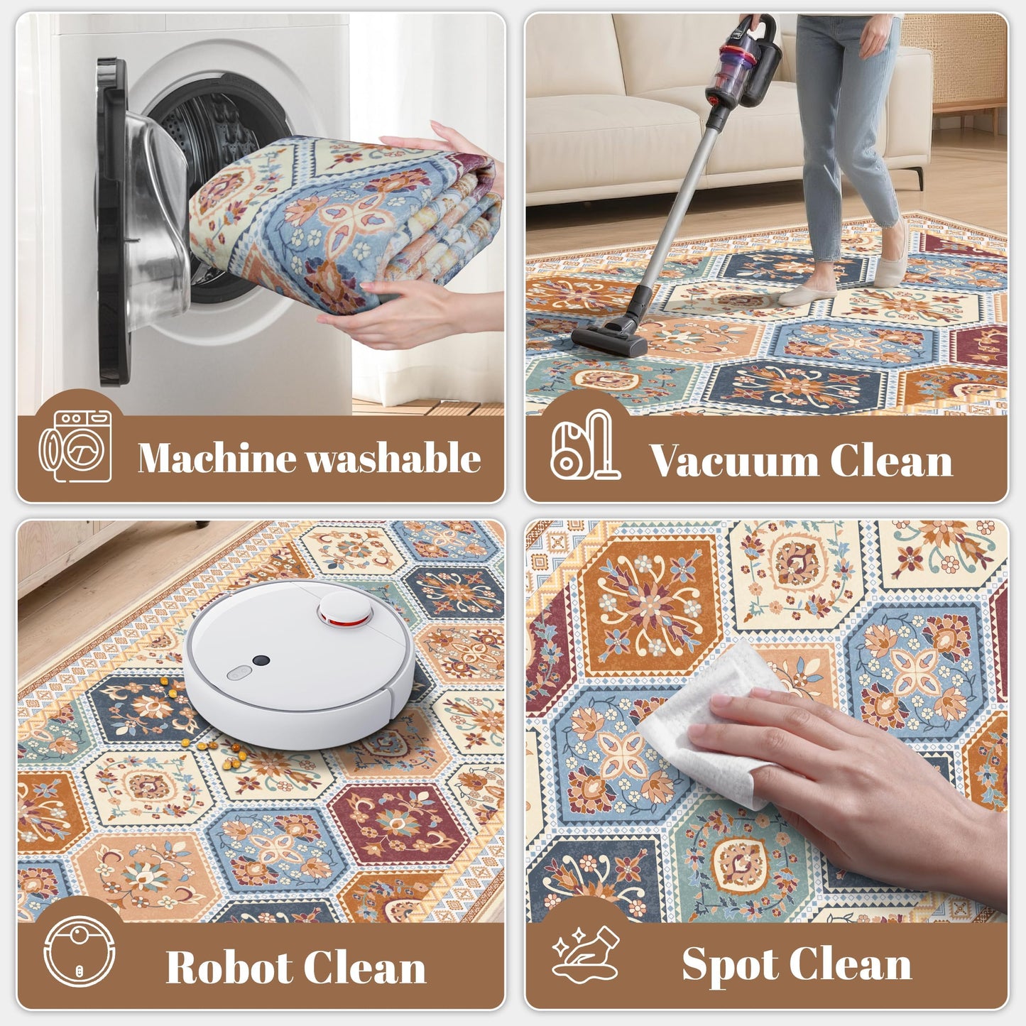 TTelephant Area Rugs 5x7, Washable Rugs for Living Room, Soft Non-Slip Boho Moroccan Rug, Low-Pile Printed Carpet for Bedroom, Dining Room, Playroom -Multi