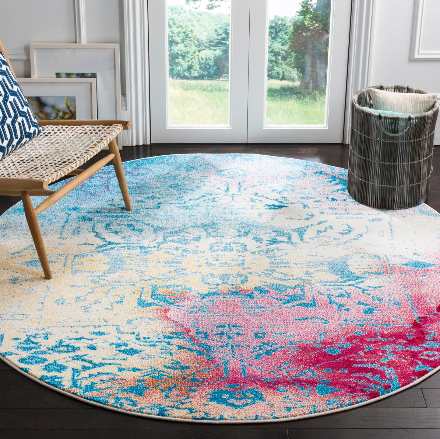 SAFAVIEH Watercolor Collection 6'7" Round Light Blue / Light Yellow WTC620G Boho Chic Overdyed Medallion Non-Shedding Dining Room Entryway Foyer Living Room Bedroom Area Rug