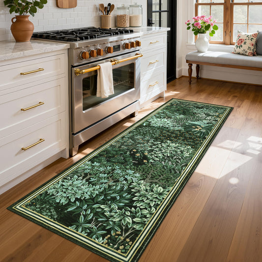 GarveeHome Forest Runner Rug, Green Washable Runner Rug 2x6 for Kitchen, Botanical Low Pile Non Slip Stain Resistance Woodland Hallway Rug for Entryway Bedroom Laundry Room