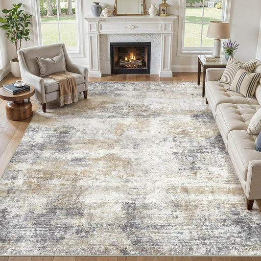 10x12 Area Rugs for Living Room - Washable Neutral Modern Abstract Rug Soft Non-Slip Stain Resistant Carpet for Bedroom Dining Table Nursery Farmhouse Home Office Decor- GoldBrown