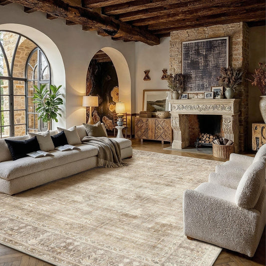HUGEAR Beige 9x12 Washable Area Rugs for Living Room Bedroom Large Neutral Vintage Rug Soft Durable Carpet Distressed Non Slip & Shedding Stain Resistant Low Pile for Home Decor