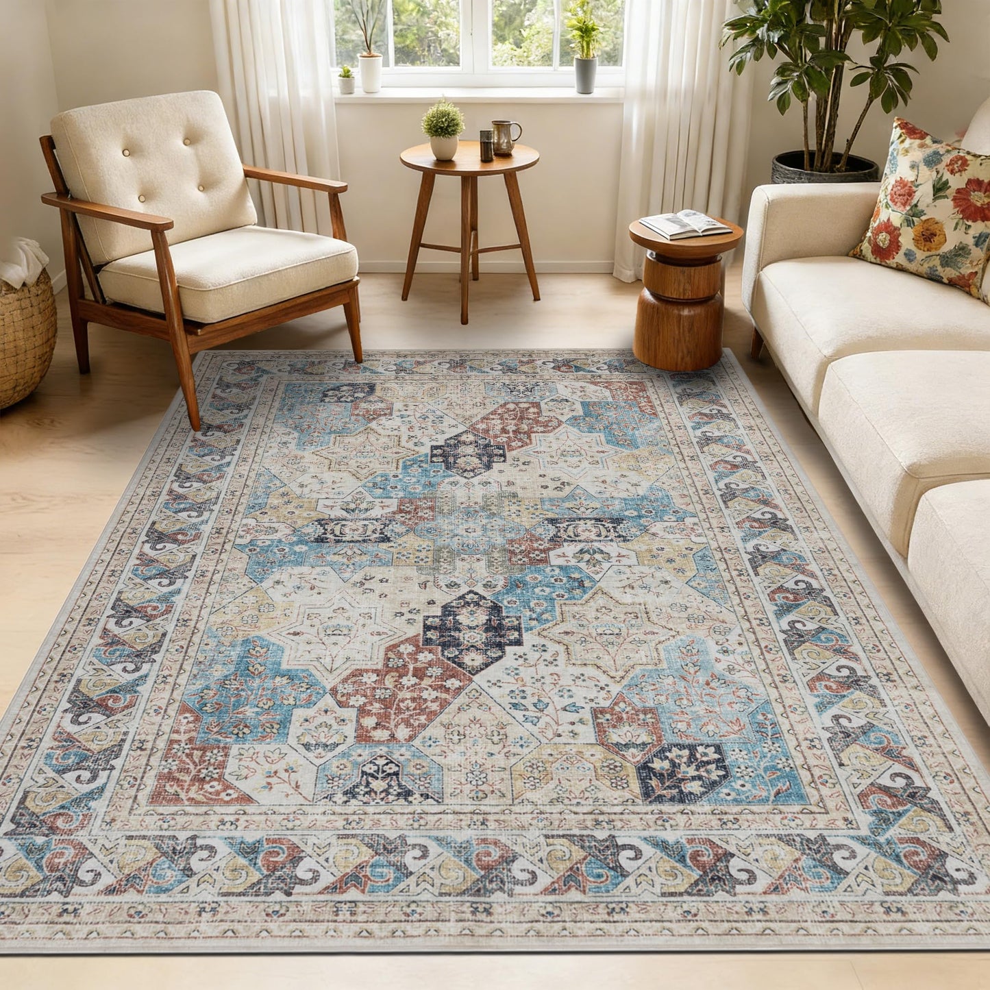 5x7 Moroccan Washable Area Rugs, Oriental Accent Rugs with Non-Slip Backing, Distressed Design Low Pile Soft Carpet for Living Room, Bedroom, Dining Room, Home Office, Blue/Multi