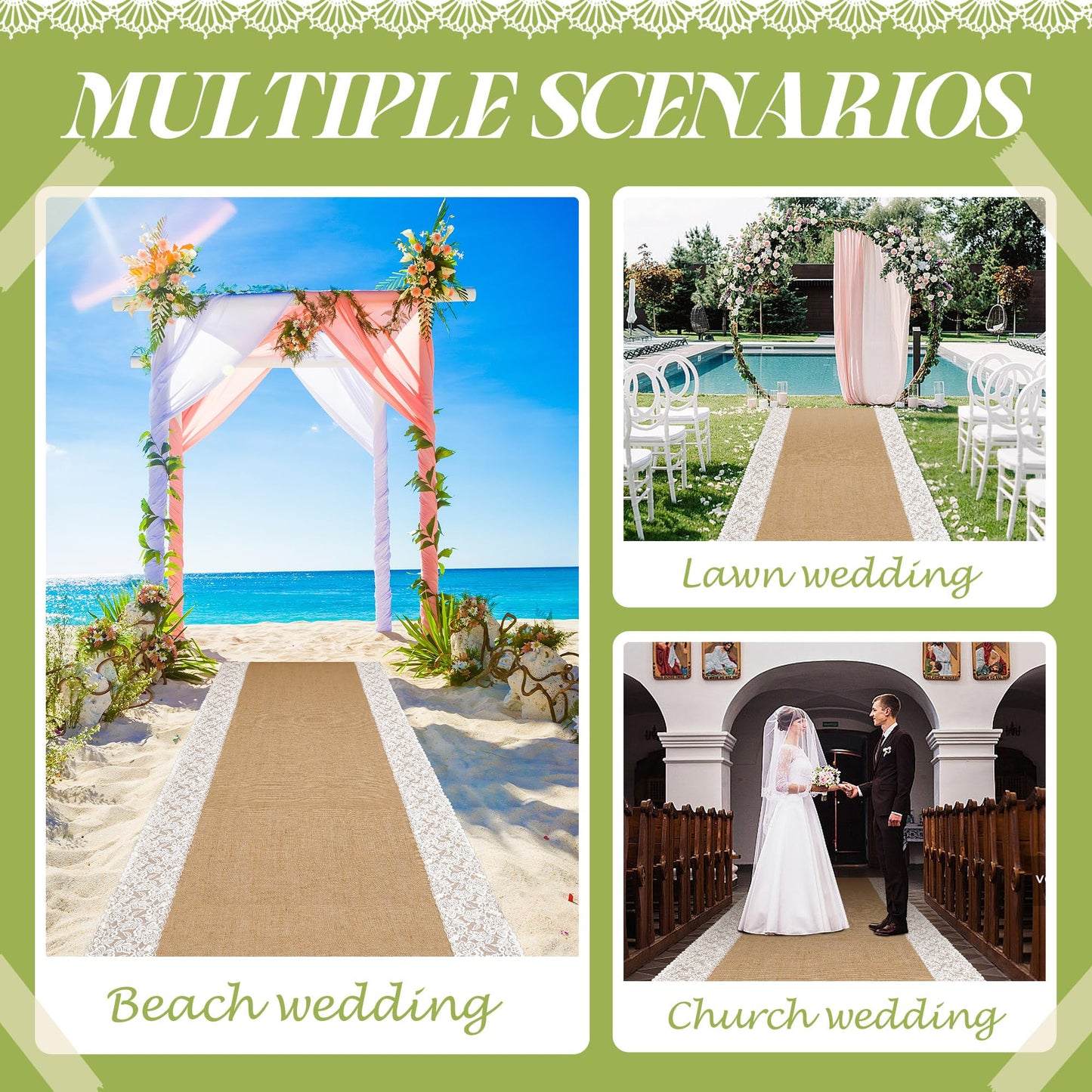 moonoom 20 Ft x 36 in Natural Burlap Wedding Aisle Runner, Rustic Jute Weddings Runway Carpet with Lace, Ceremony Burlap Carpet Roll for Beach Garden Church Reception Craft Decor