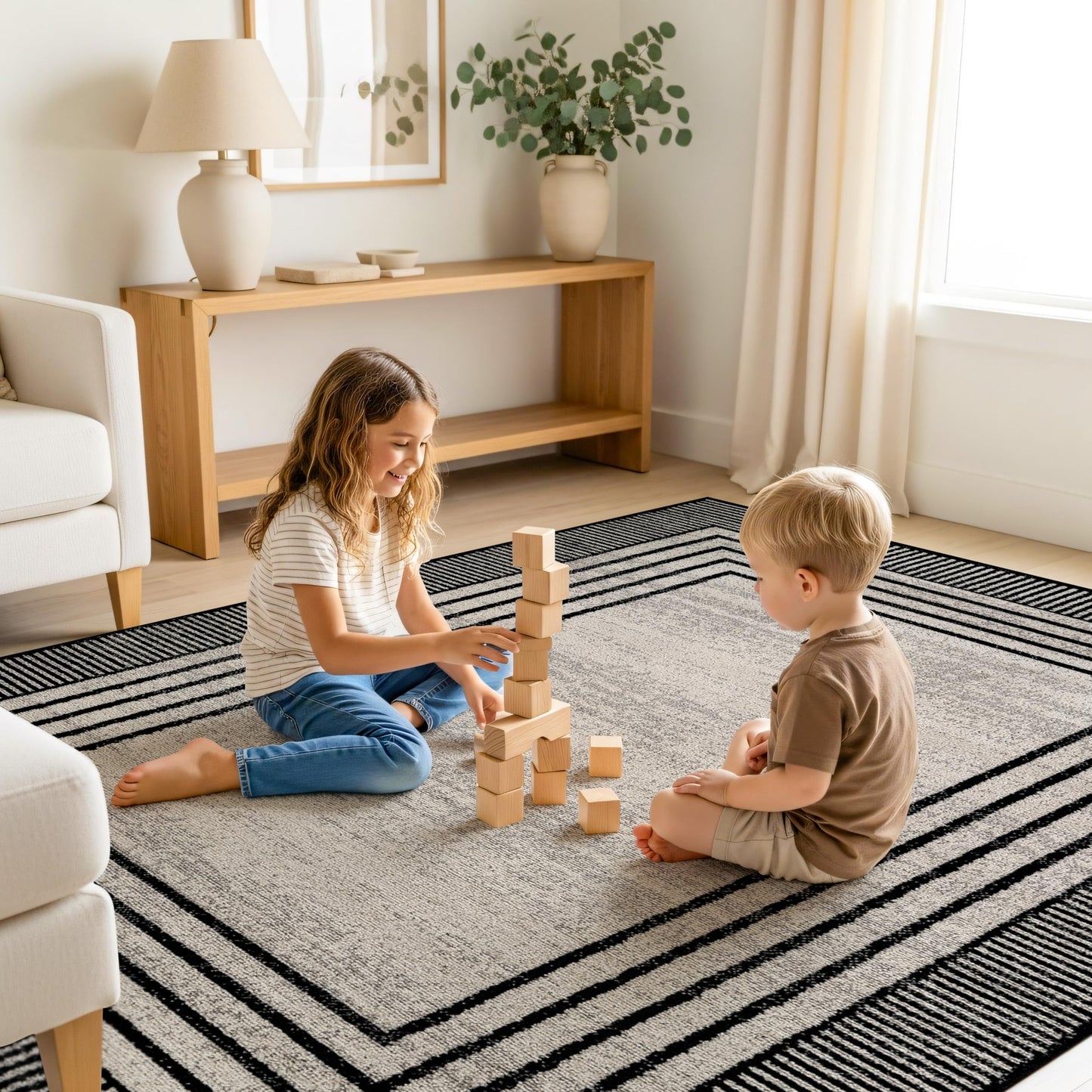 Rugshop Contemporary Geometric Bordered Indoor Area Rug for Living Room,Bedroom,Kitchen Rug Low Pile Rug with Jute Backing 5' x 7' Cream