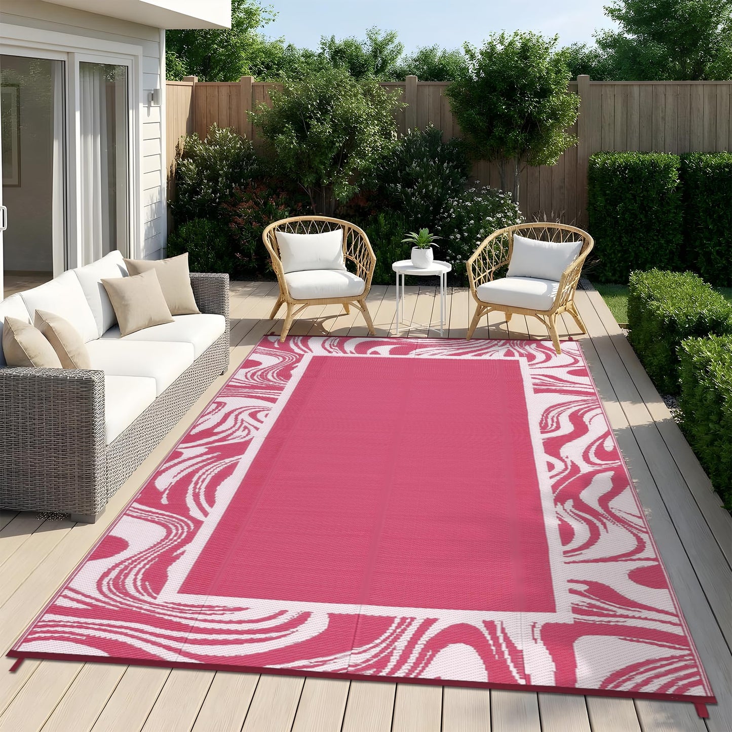 Garvee 5x8 Pink Waterproof Outdoor Rug Reversible Quick Dry Weather Resistant Plastic Straw Patio Rug for Deck,Porch,RV,Camping,Balcony,Beach, Foldable Outdoor Carpet Easy to Clean, Pink White