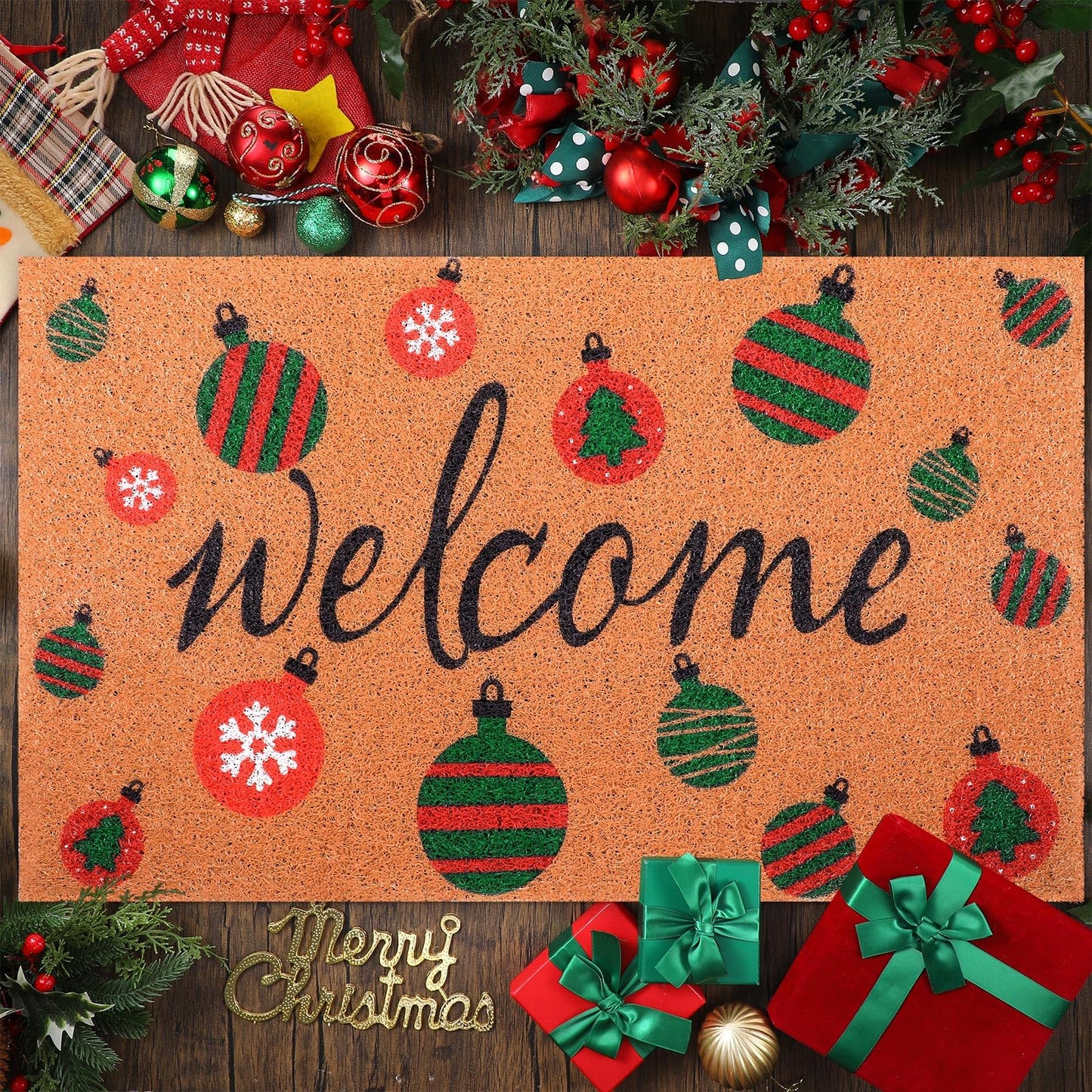 Drydiet Christmas Cat Welcome Door Mat 18 x 30 Inch Coir Doormat Merry Xmas Ball Farmhouse Floor Mats Door Rugs with Rubber Non Slip Backing for Home Front Floor(Christmas Ball Style)