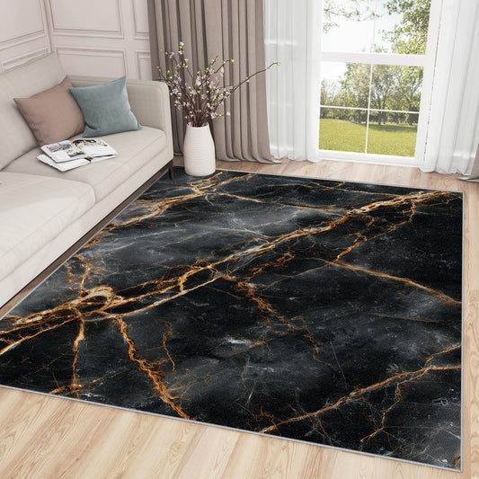 Aquailis Marble Rugs for Bedroom - Agate Rug, 5x6 Area Rug, Modern Abstract Washable Rugs for Bedroom, Black and Gold Living Room Area Rug, Marble Swirl Home Decor, Modern Gifts for Men