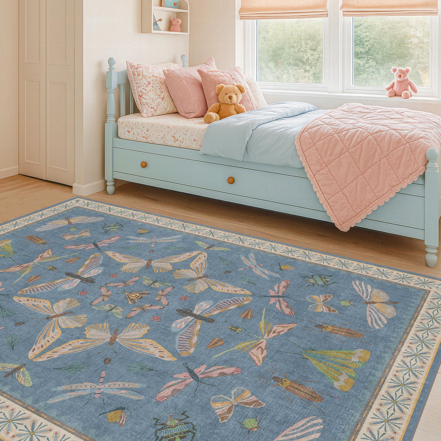Washable 4x6 Small Rug for Living Room, Area Rug for Kitchen, Bedside, Large Entryway Indoor - Stain Resistant Non Slip with Rubber Backing, Insect Print Aethestic Décor, Light Blue & Aqua