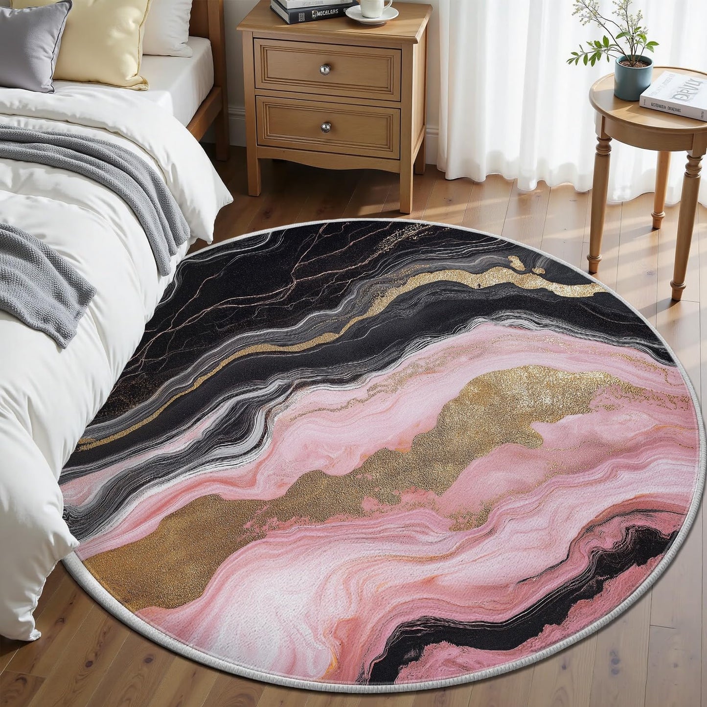 bstract Round Area Rug 4ft Modern Marble Pattern Pink Decorative Circle Rug Low-Pile Soft Carpet Washable Indoor Floor Mat for Living Room Bedroom Dining Room Home Office