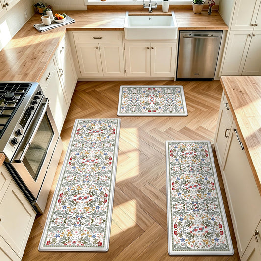 Kitchen Rugs Set of 3, Ivory Vintage Floral Cushioned Anti Fatigue Kitchen Mats, Non Slip Comfort Kitchen Floor Rugs, Ergonomic Standing Mat for Sink, Laundry, Office,Home, 18"x30"+18"x48"+18"x60"