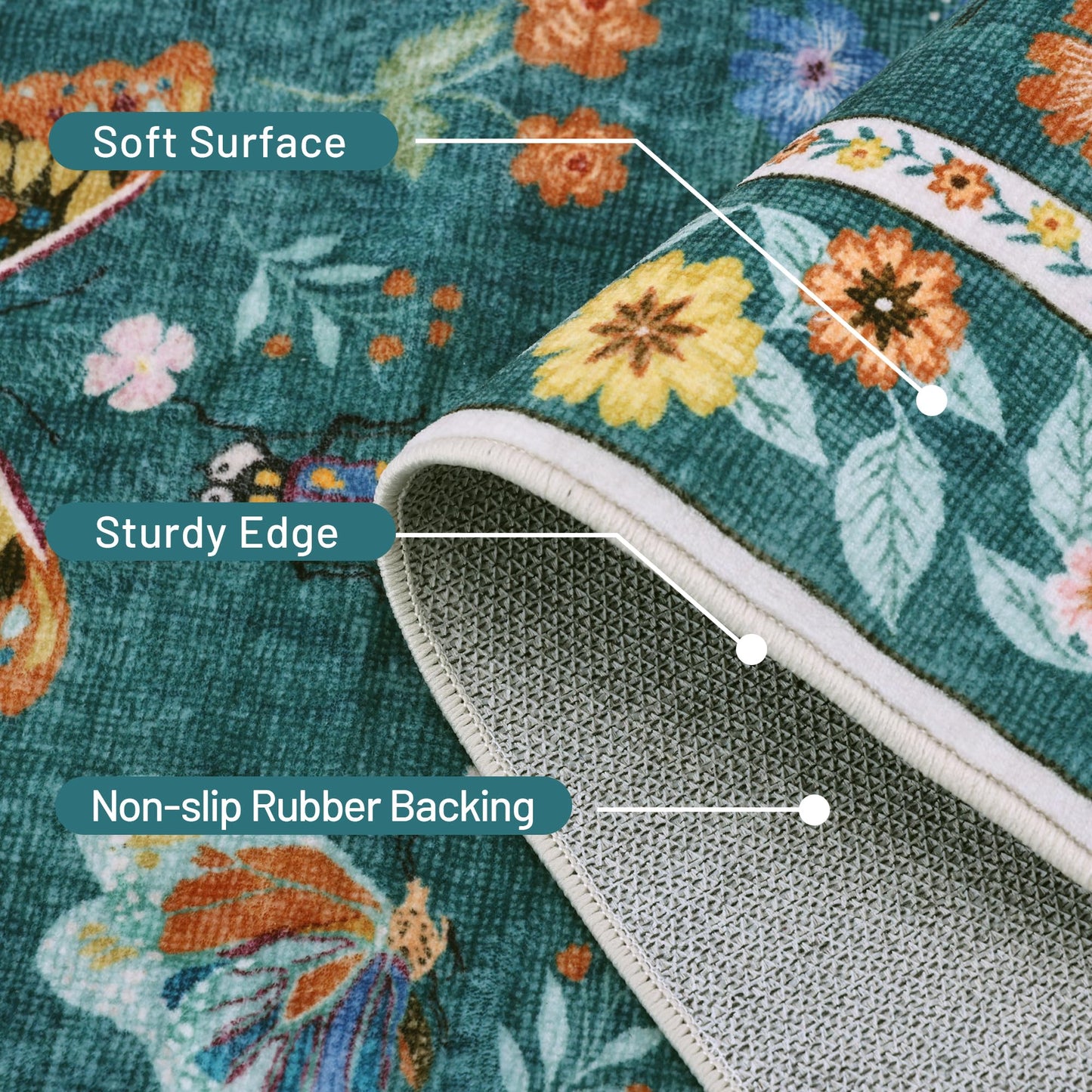 AIMPEAK Insect Washable Rugs 8x10 Teal, Soft Butterfly 8x10 Area Rugs for Living Room Indoor, Non Slip Bug Bedroom Rug Under Bed Thin Large Carpet with Flowers for Dining Room Office Playroom