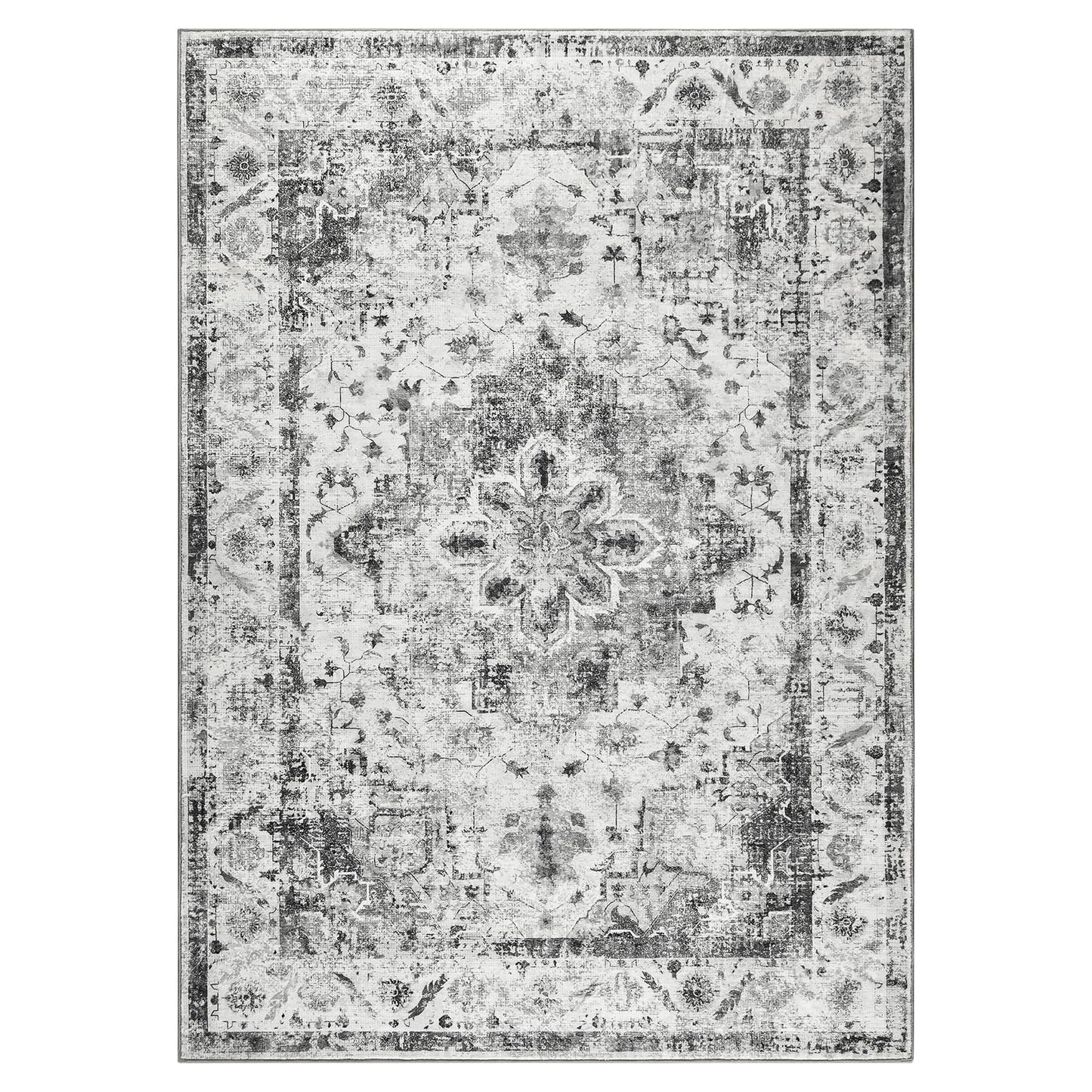 YOH Boho Washable Rug 4x6, Light Gray Vintage Non Slip Area Rug, Distressed Indoor Carpet for Living Room Bedroom Kitchen Office