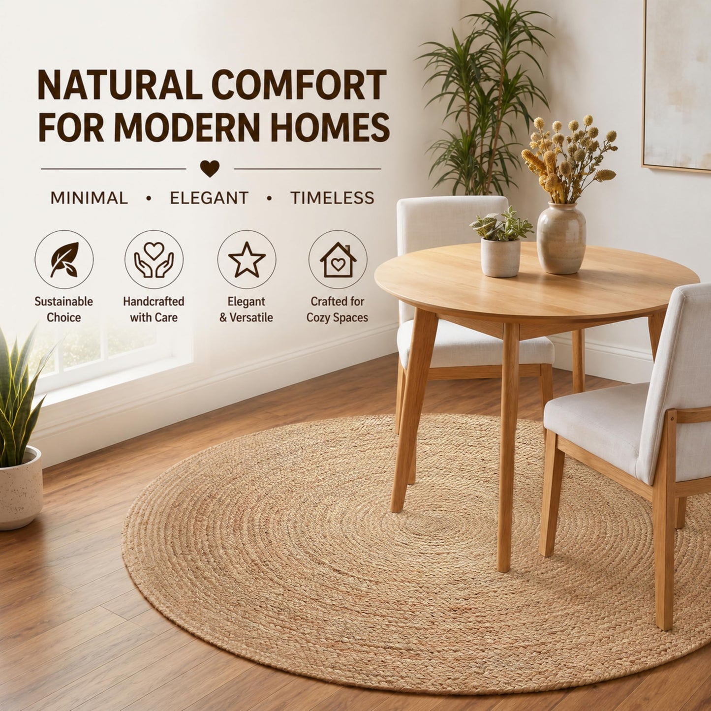 Jute Braided Area Rug, Natural - 4 Feet Round, Boho Neutral Rattan Circle Hand Woven Rugs for Living Room, Bedroom, Nursery, Kitchen, Indoor Use | Farmhouse Rustic Patio Floor Mat for Home Décor