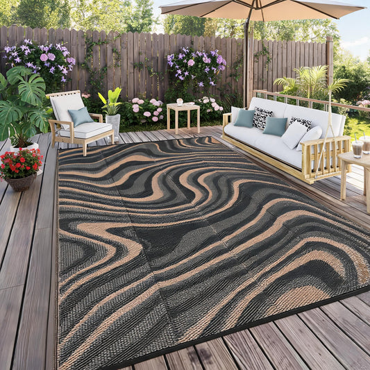 MilleLoom Patio Modern Abstarct Outdoor Rug 10x14 Waterproof Large Reversible Camping Mat Foldable Lightweight Plastic Straw Outdoor Rug for Deck, Camper, Balcony, Beach, Rv，Black/Gray/Brown