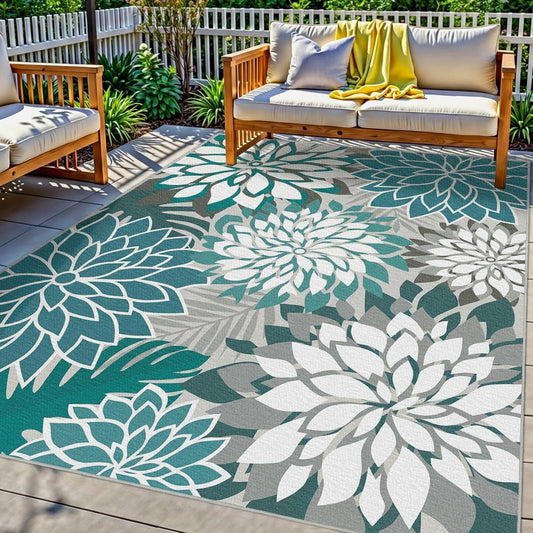 Colorful 5x8 Outdoor Area Rug Washable Multicolored Patio Rug Tropical Botanical Floral Chenille Waterproof Outdoor Carpet for Living Room, Deck, Backyard, Porch, Teal