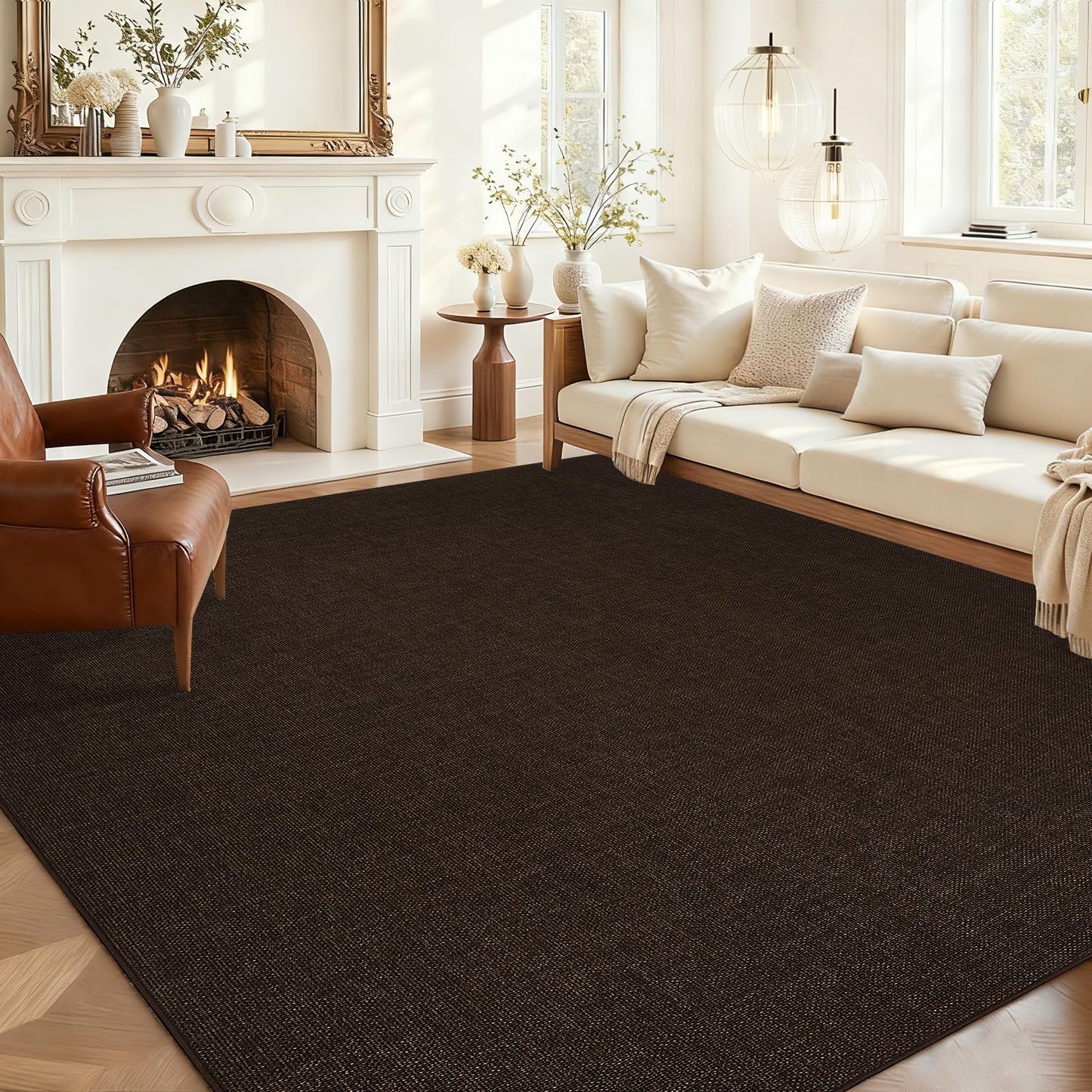 LUXLOOM 8x10 Washable Living Room Rug Modern Solid Neutral Area Rug, Minimalist Non Slip Stain Resistant Rugs for Living Room Bedroom Nursery Office, Large Woven Texture Indoor Carpet, Brown