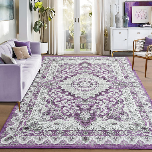 Foxmas 4x6 Area Rugs for Living Room, Machine Washable Vintage Rug, Non-Slip Low Pile Throw Rugs with Rubber Backing Washable Carpet for Bedroom Dining Room Kitchen Home Decor, Purple