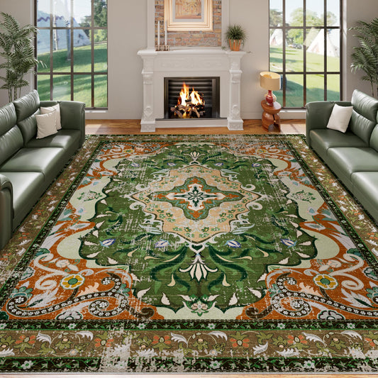 RUSHUFFY 8x10 Washable Rug for Living Room, Non-Slip Large Boho Vintage Print Pattern Carpet for Bedroom Dorm Dining Room Farmhouse Nursery Home Office, Dark Green