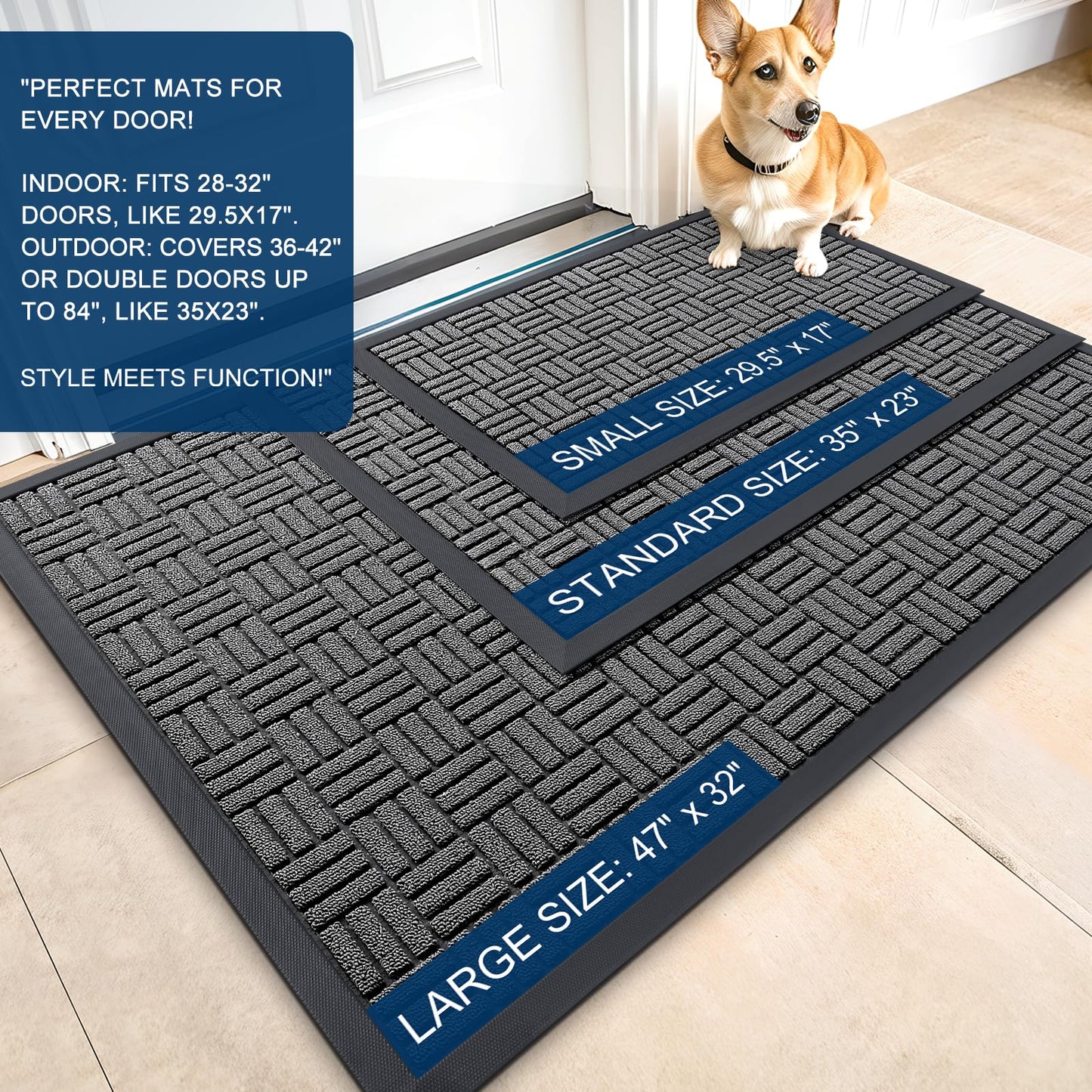 OLANLY Front Door Mat Outside Entrance 47x23, Absorbent, Heavy Duty Sturdy Natural Rubber Doormat Indoor Outdoor, Stain and Fade Resistant, Non-Slip Backing Low Profile Floor Mat for Entryway, Grey