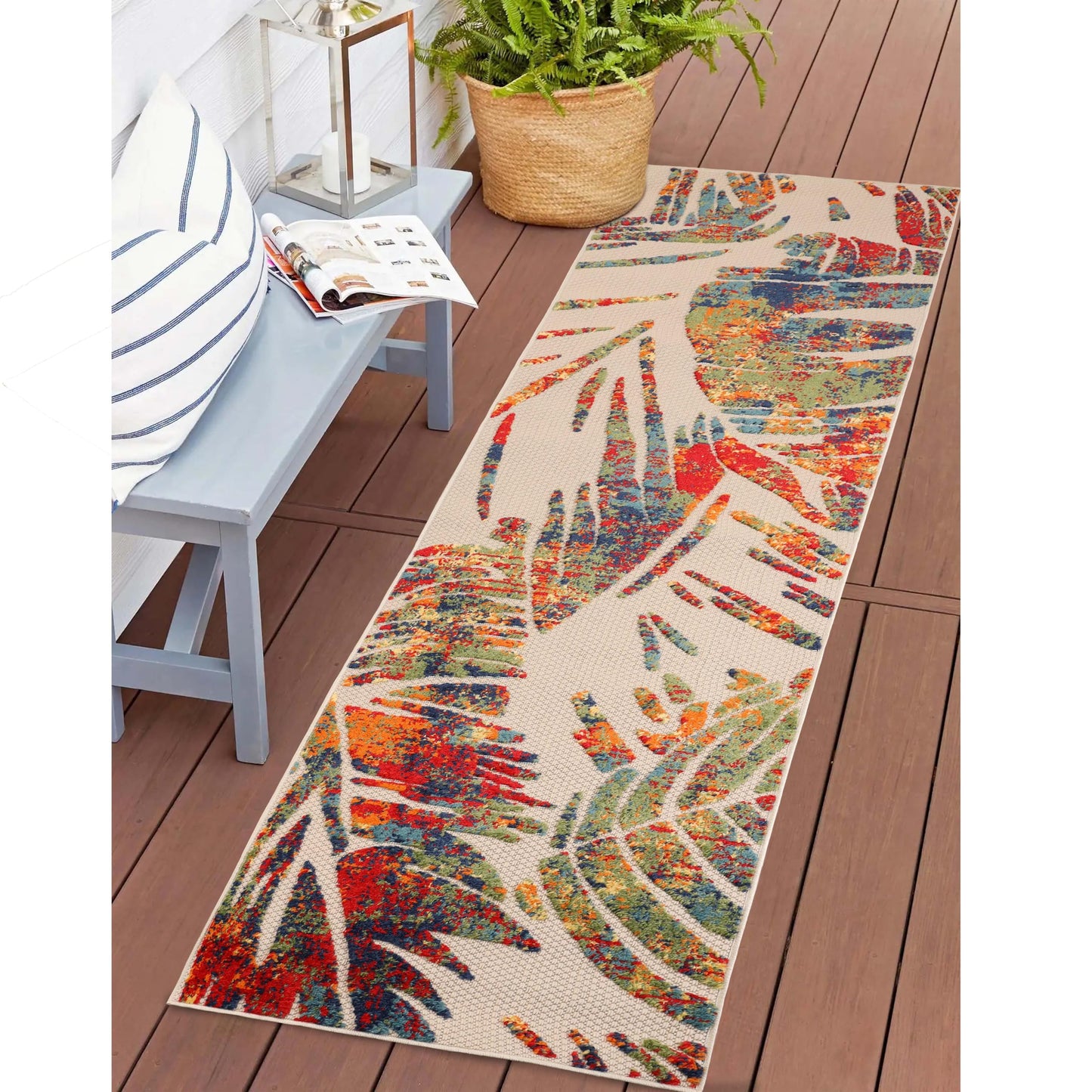 Superior Indoor Outdoor Runner Rug, Floor Cover, Perfect Decor for Patio, Bedroom, Kitchen, Living Room, Entry, Playroom, Nursery, Tropical Leaves, Siesta Collection, 2' 3" x 10', Cream