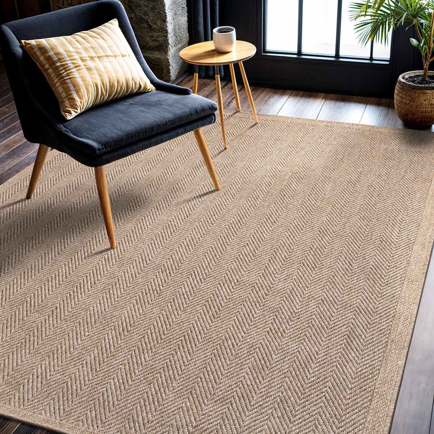CAMILSON Easy Jute Rug 5x7, Indoor Outdoor Natural Color Fiber Area Rugs for Living Room Patio and Bedroom Rug Herringbone Seagrass Woven Design Easy-Cleaning, Washable Outside Carpet Alfombras 5 x 7