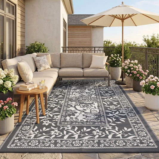 Garvee Outdoor Rug 5x8, Waterproof Reversible Foldable Plastic Straw Rug, Botanical cottagecore Outdoor Rugs Patio Camping RV Carpet for Deck Camper Porch Balcony Backyard Picnic Beach Grey