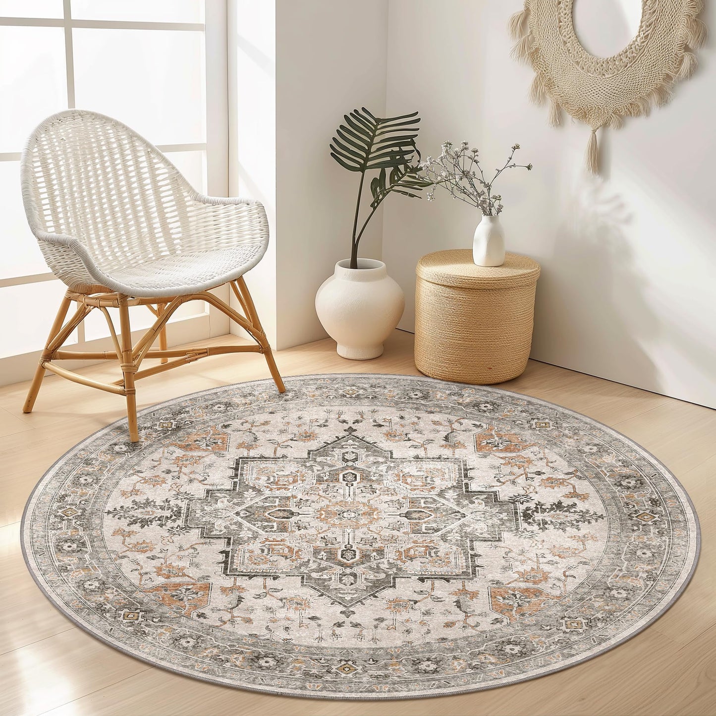 GENIMO 5FT Round Area Rugs for Living Room, Circle Rugs Machine Washable Low Pile, Non Slip Vintage Rug for Bedroom, Dining Room, Home Office, Light Taupe Brown