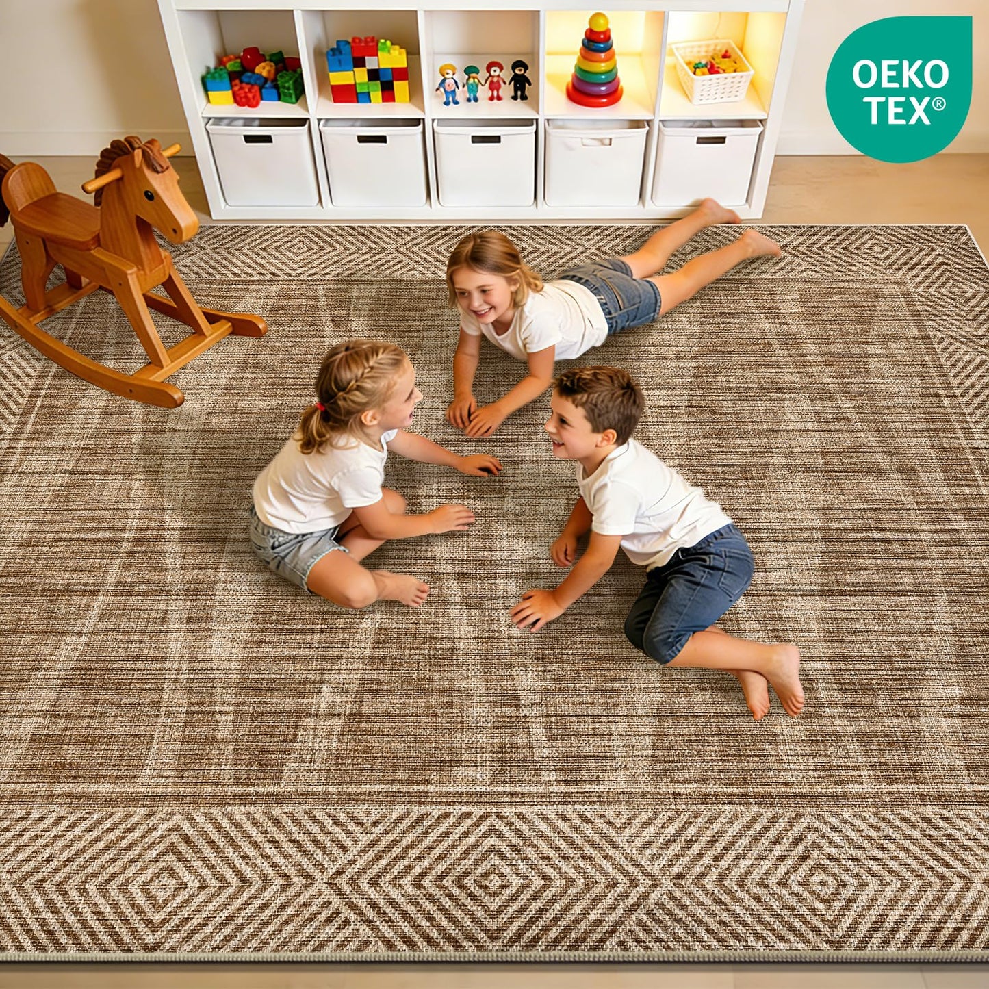 Jute Rug 3x5 Outdoor Patio Rug with Border, Washable Rugs for Entryway Porch, Farmhouse Non Slip Area Rugs with Rubber Backing, Non Shedding Carpet for Indoor Outdoor Bedroom, Courtyard, Light Brown