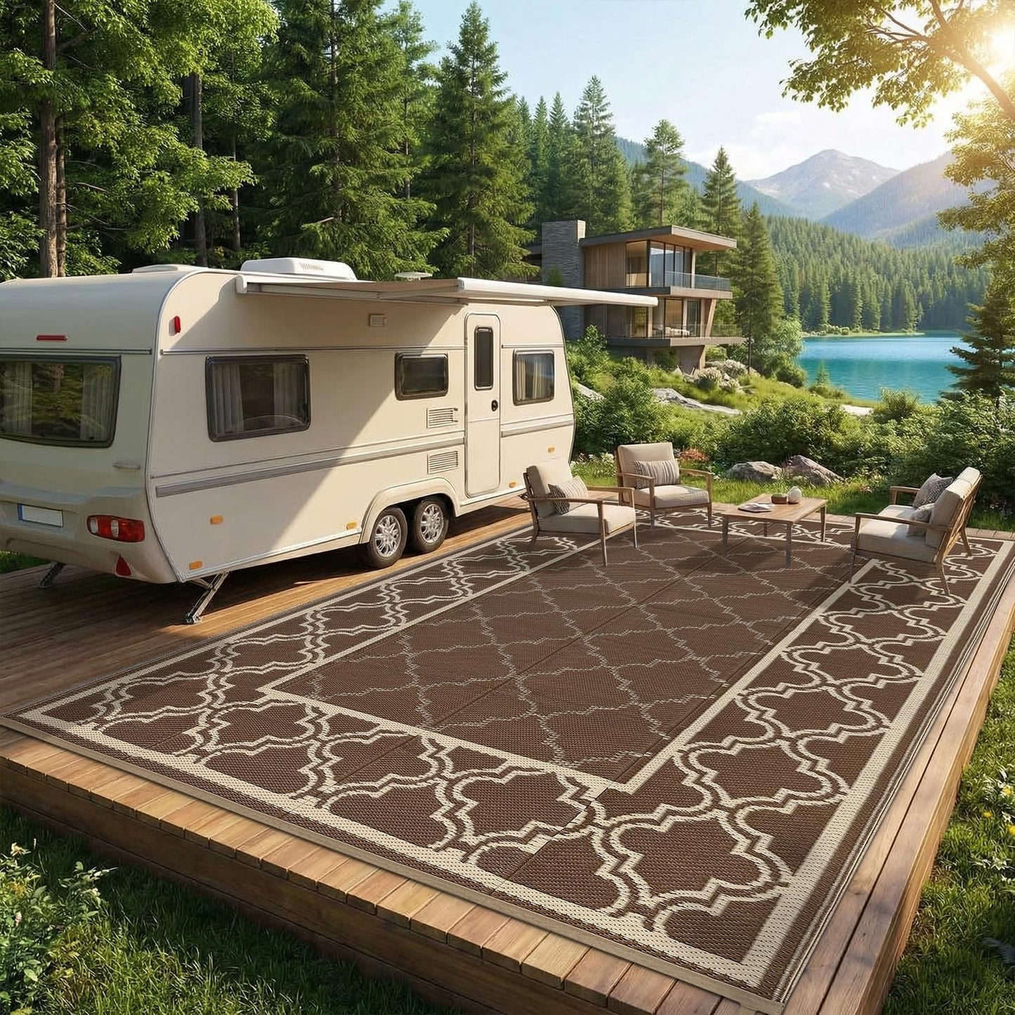 Garvee Reversible Outdoor Rug 8x10, Waterproof Outdoor Plastic Straw Rug with Interlacing Pattern, RV Mat for Picnics, Patio, Camping, Balcony, Deck, Backyard, Porch, Brown