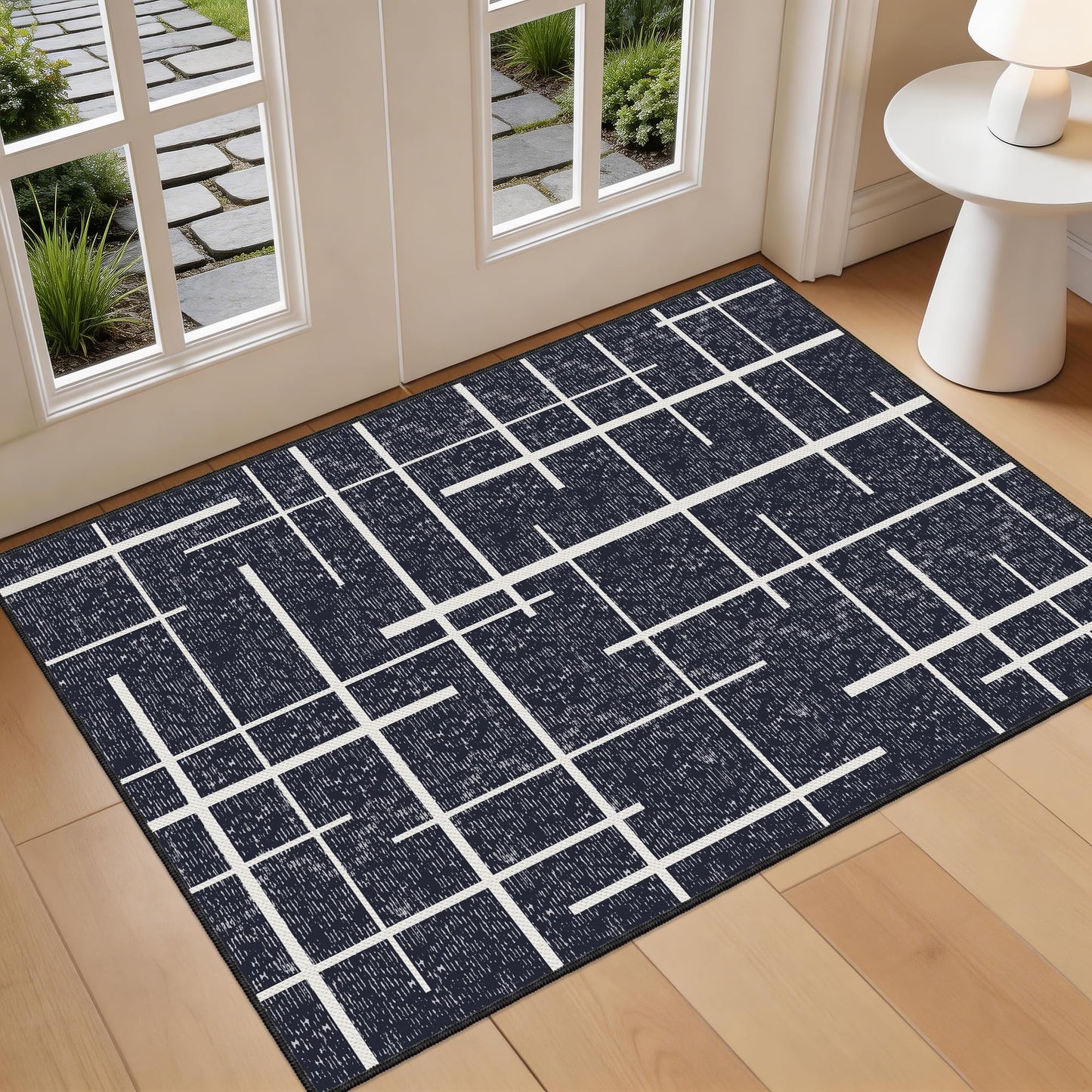 TTelephant 3x5 Washable Rug, Modern Distressed Stripe, Small Area Rug Non Slip, Woven Thin No Shed Office Chair Friendly Runners for Entryway, Kitchen, Home Office, Studio - Midnight Black