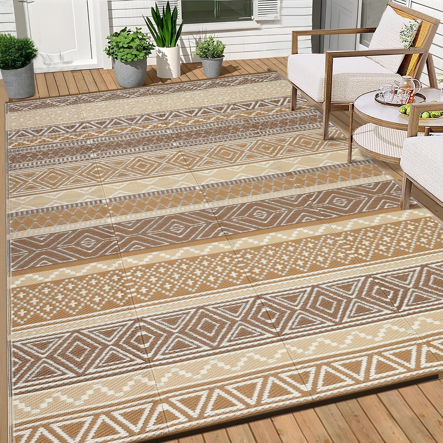 Garvee Outdoor Rug 9x18 Waterproo Large Outdoor Camping Rug Reversible Rv Patio Mats Black Gray Outdoor Plastic Straw Outdoor Rugs Clean Easily Large Patio Mat for RV, Deck, Camping,Brown/Tan