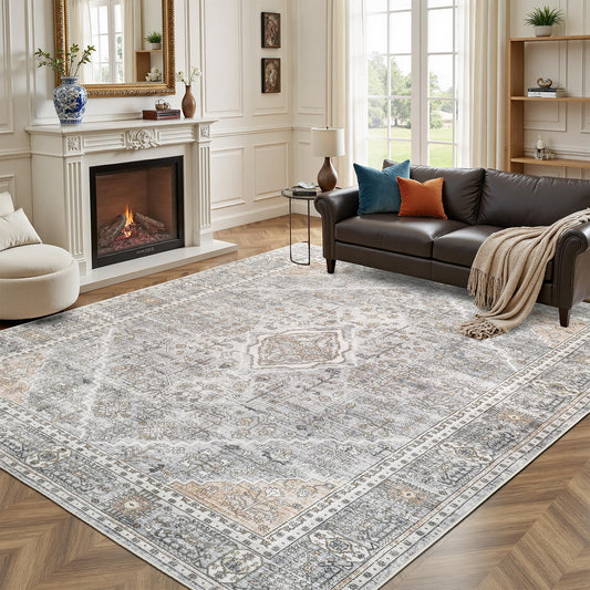 Gray with Beige Rug 5x7 Washable Area Rugs for Living Room,Rug for Bedroom, Vintage Distressed Non-Slip, Ultra Soft Faux Wool Carpet for Dining Room, Terracotta Accents for Home Office Décor