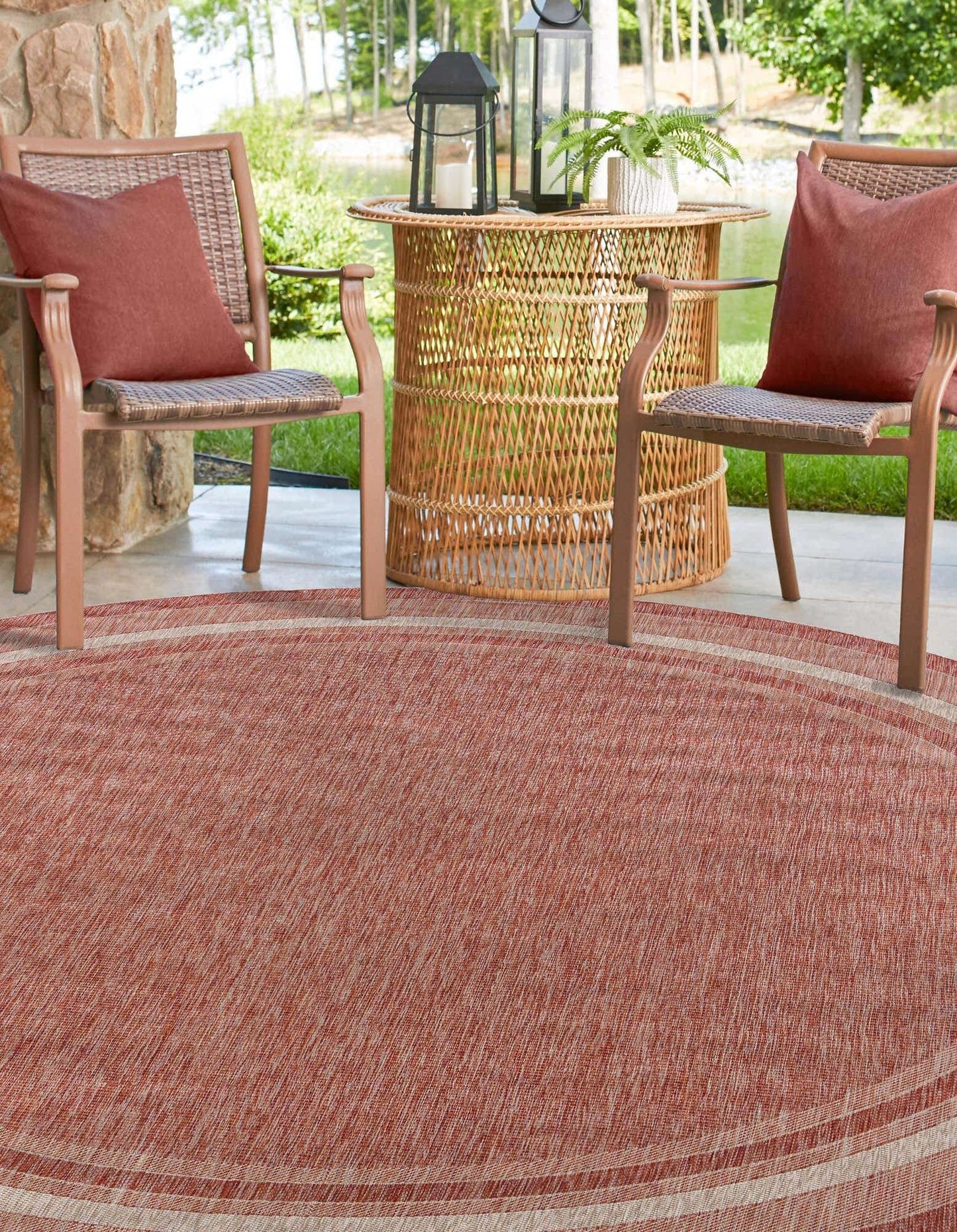 Unique Loom Outdoor Border Collection Area Rug - Soft Border (10' Round Rust Red/Ivory)
