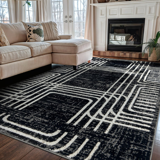 Rugshop Black and White Geometric Area Rug – Abstract Curved Line and Square Pattern Carpet for Living Room, Bedroom, or Office – Contemporary Soft Floor Décor 5' x 7' Black