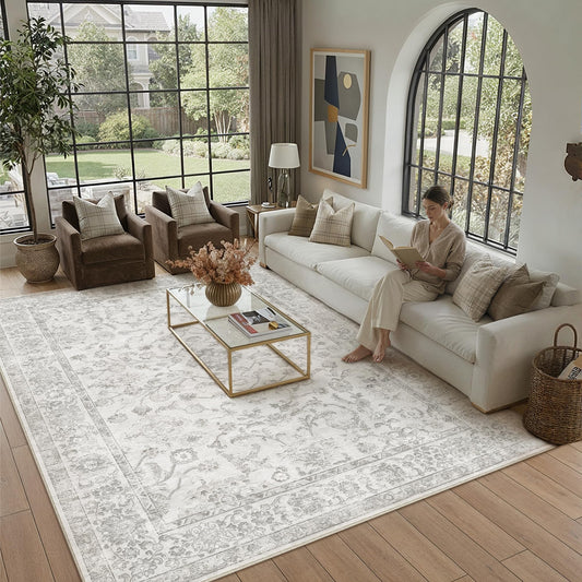 WondRg 6x9 Grey Washable Area Rug for Living Room Bedroom Neutral Soft Floral Non Slip Large Throw Rug Lightweight Vintage Low Pile Distressed Carpet Office Playroom Dining Room Home Decor