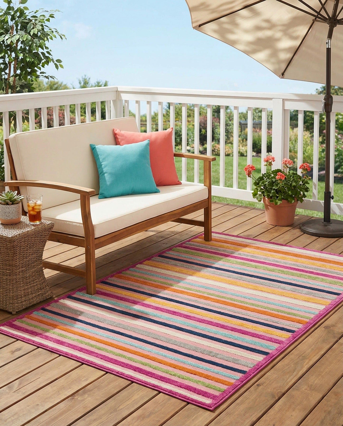 Rugs.com - Aruba Outdoor Rug – 5' 3 x 8' Pink Washable Indoor/Outdoor Rug – Bohemian Striped Pattern for Patios, Decks, and Playrooms