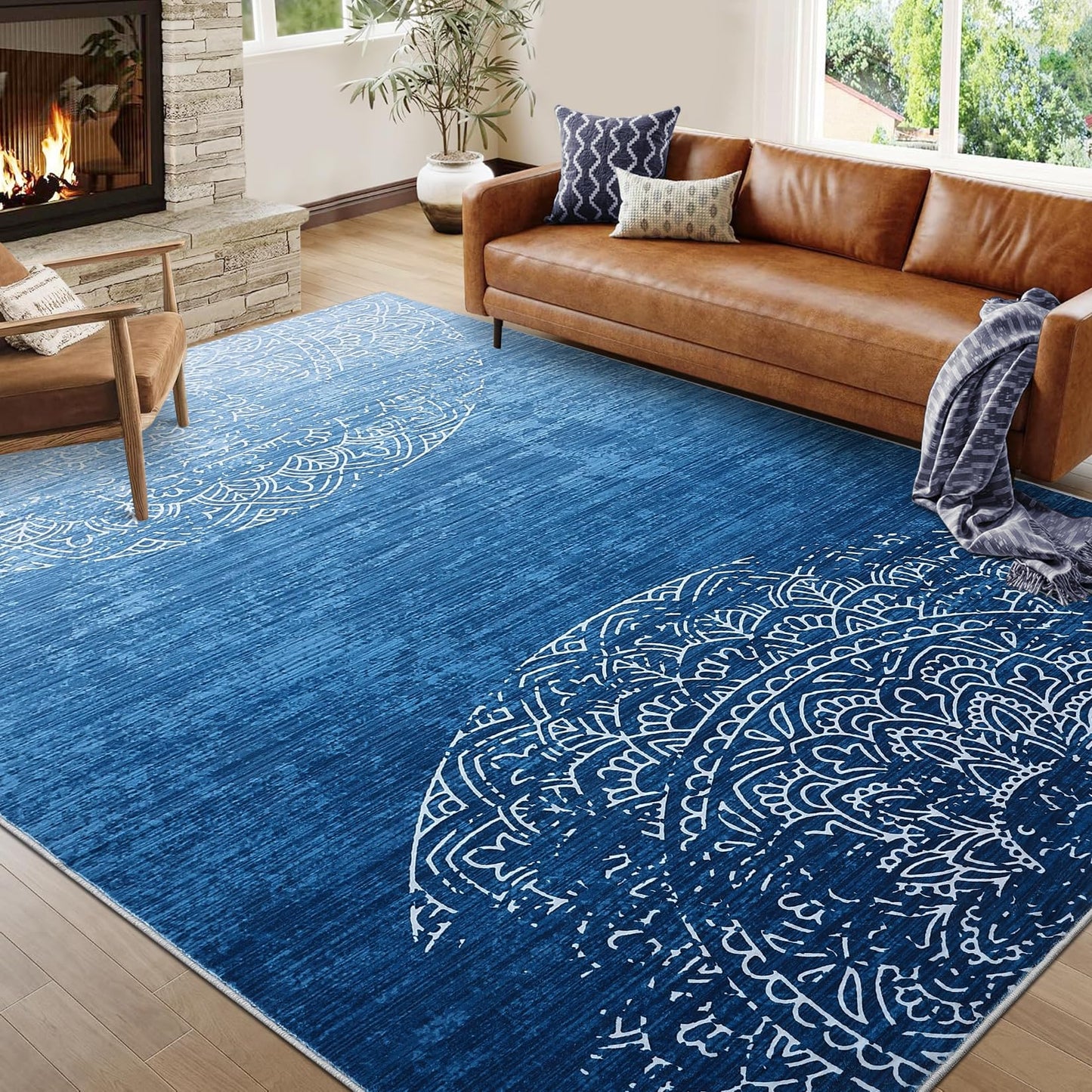 Garvee 9x12 Area Rugs for Living Room, Machine Washable Area Rug for Bedroom, Traditional Medallion Rug with Non Slip Backing, Stain Resistant Non Shedding Farmhouse Carpet for Dining Room, Blue