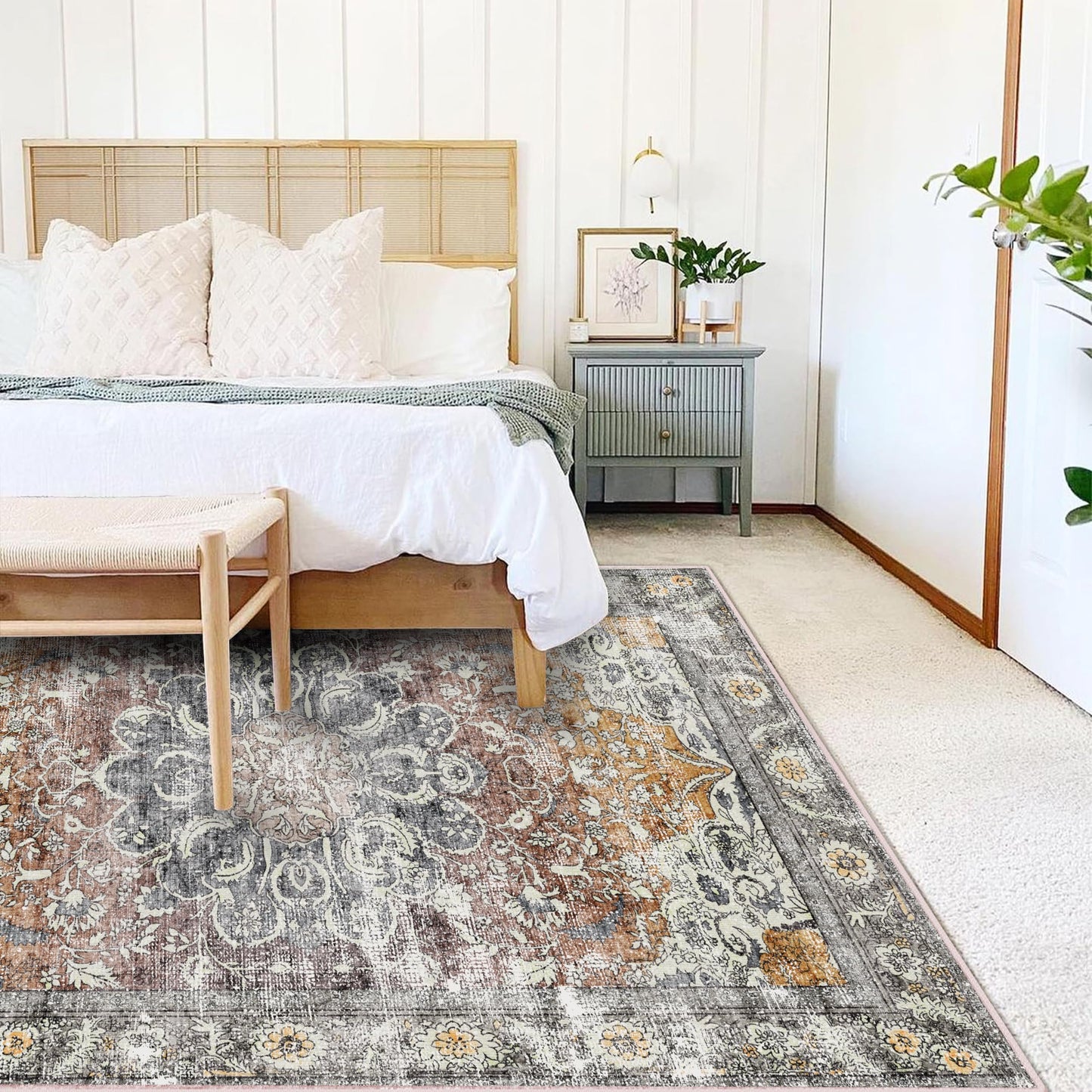 CHAMPLANT Area Rug 8x10 Washable Rug Taupe Vintage Traditional Mat Distressed Indoor Foldable Thin Retro Accent Rug Floral Print Non Slip Carpet Living Room Dining Room Office
