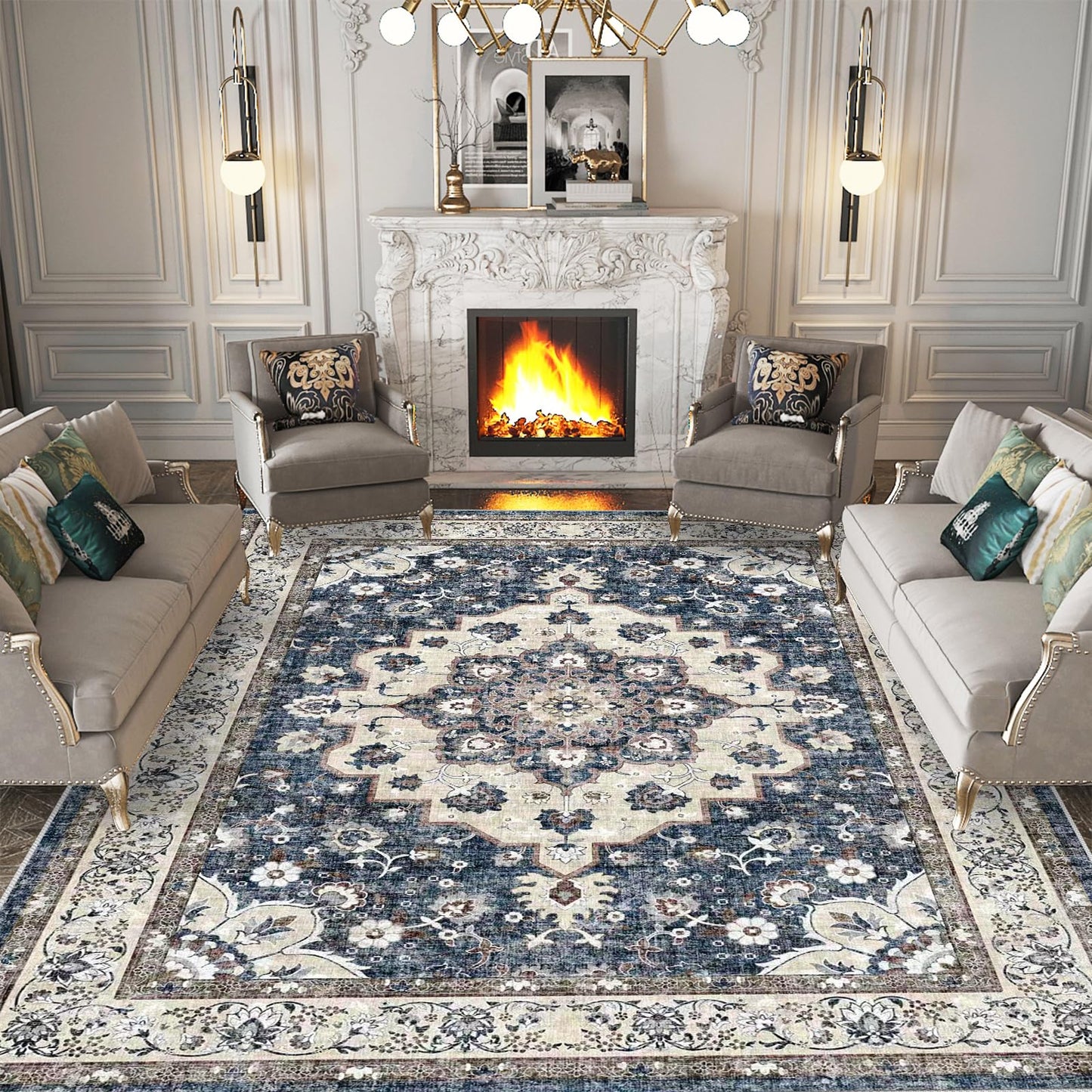 Washable Living Room Area Rug - 9 x 12 Stain Resistant Medallion Soft Bedroom Rugs Distressed Design Non Shedding Floor Carpet Durable Easy-Clean Low Pile Rug Comfortable Home Decor (9x12 Blue)
