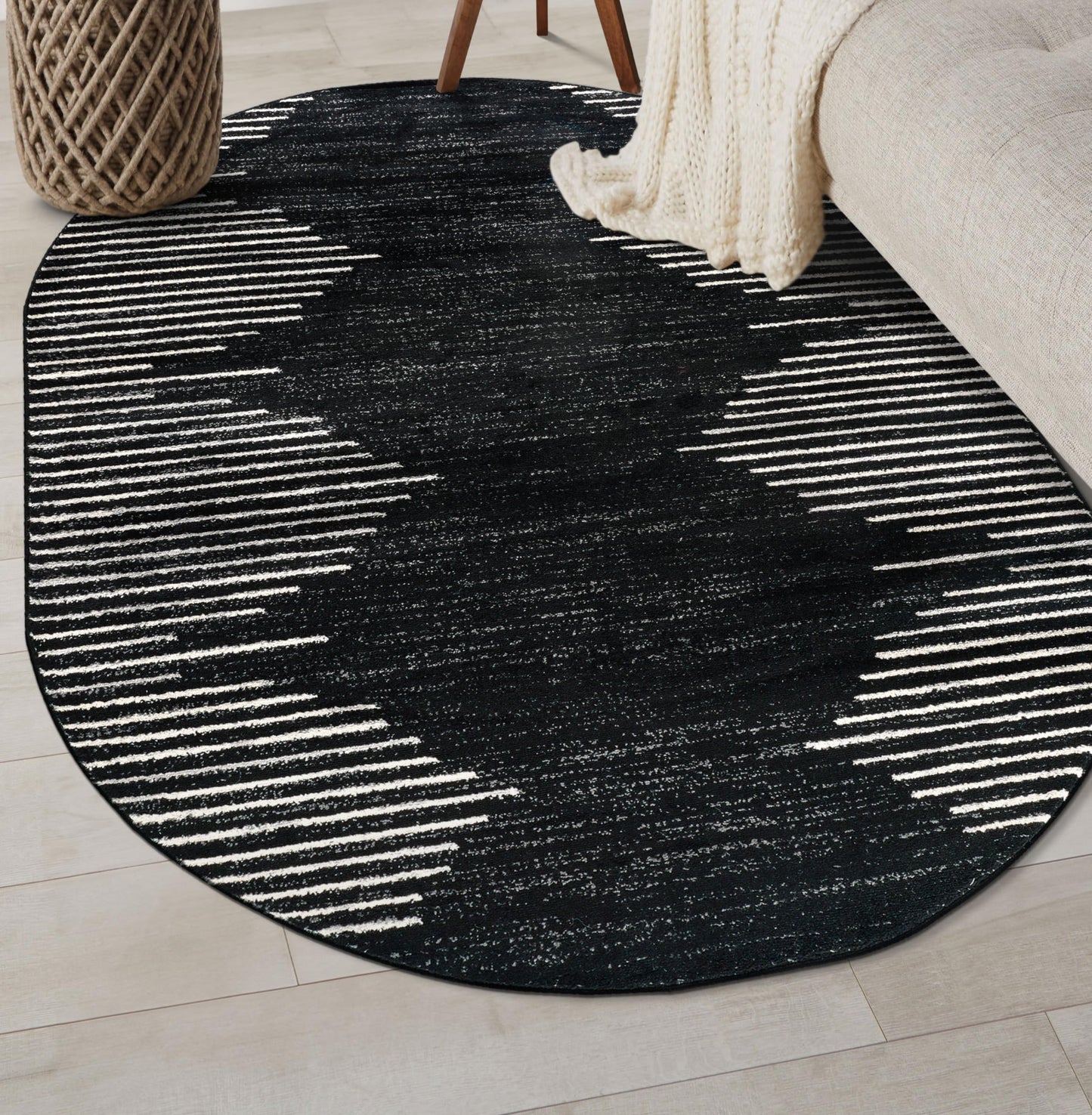 Rugshop Bohemian Stripe Stain Resistant High Traffic Living Room Kitchen Bedroom Dining Home Office Oval Area Rug 5' x 7' Black